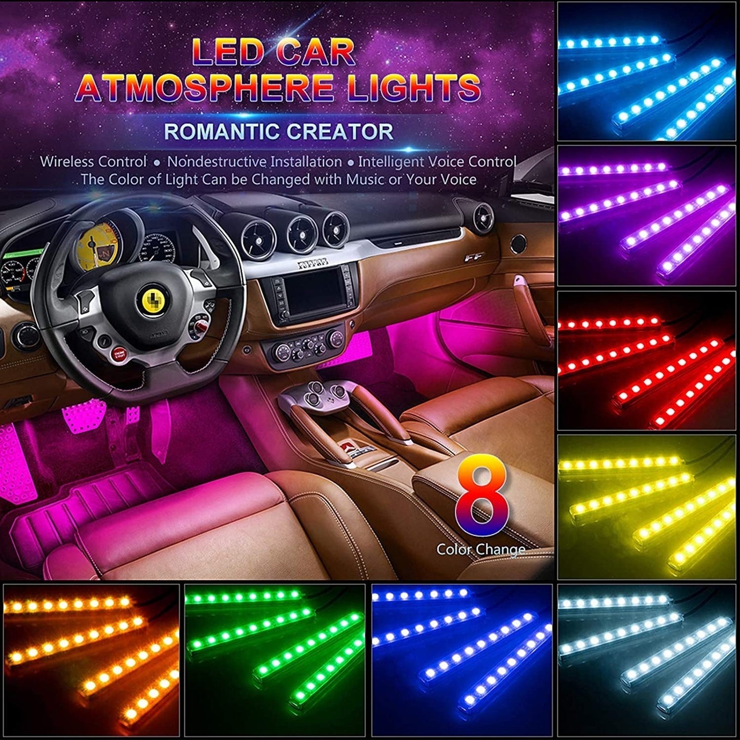 Car Interior Atmosphere Light Remote RGB Light with Music Sensor